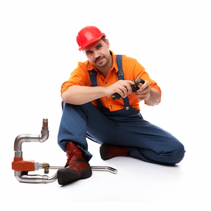 Plumber with orange shirt and overalls sitting down