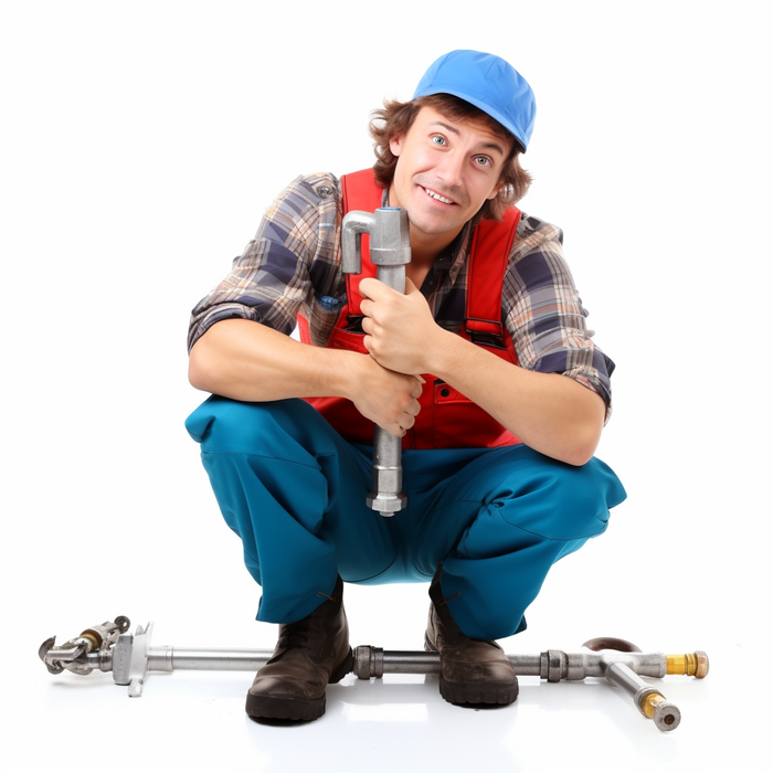 Plumber with plaid shirt and overalls holding a pipe