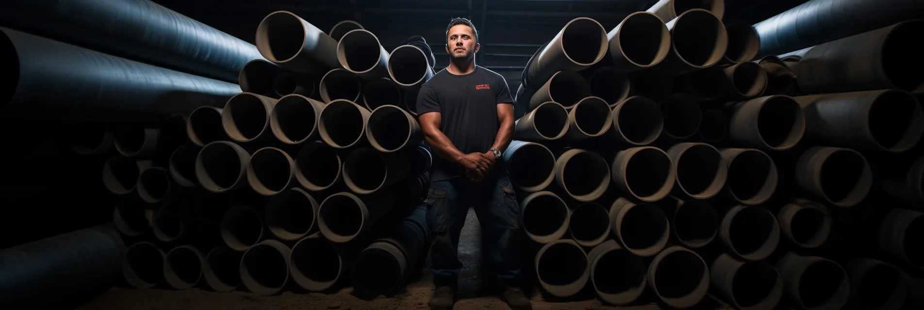 plumber between two piles of pipes