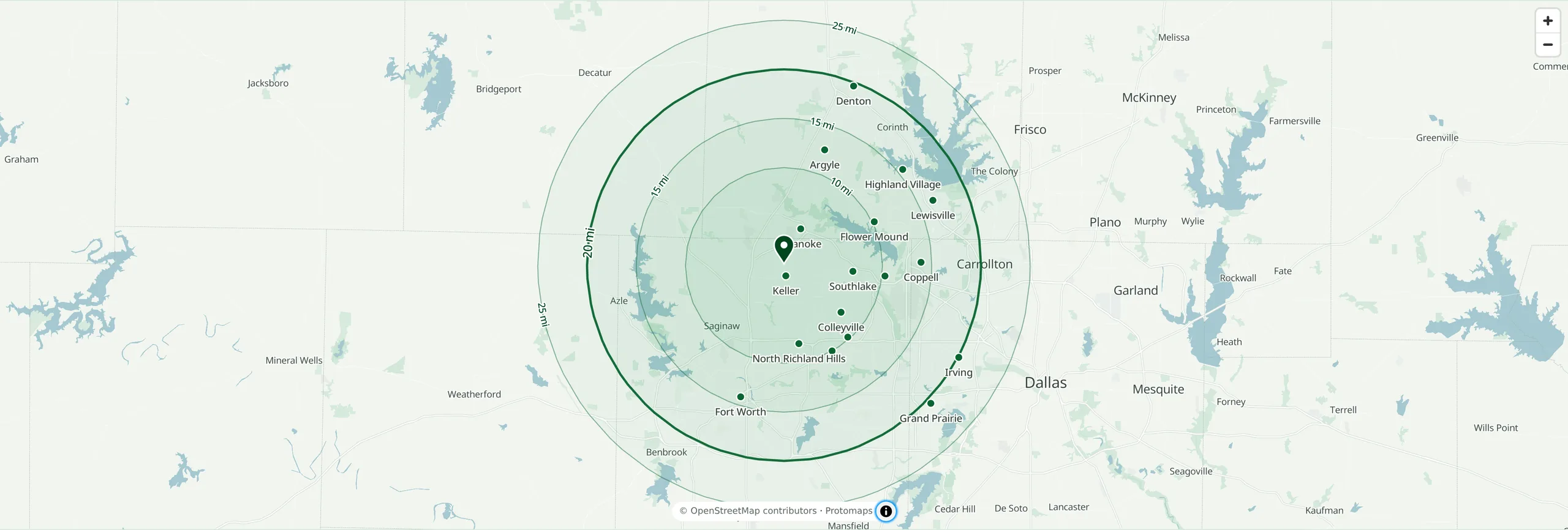 Map of North Central Texas showing how far No Clog Today travels: 10, 15, 20 and 25 miles from our North Fort Worth base, with 20 miles marked as the reach of our standard service rates, covering Fort Worth, Keller, Denton, the Mid-Cities and the western Dallas suburbs.